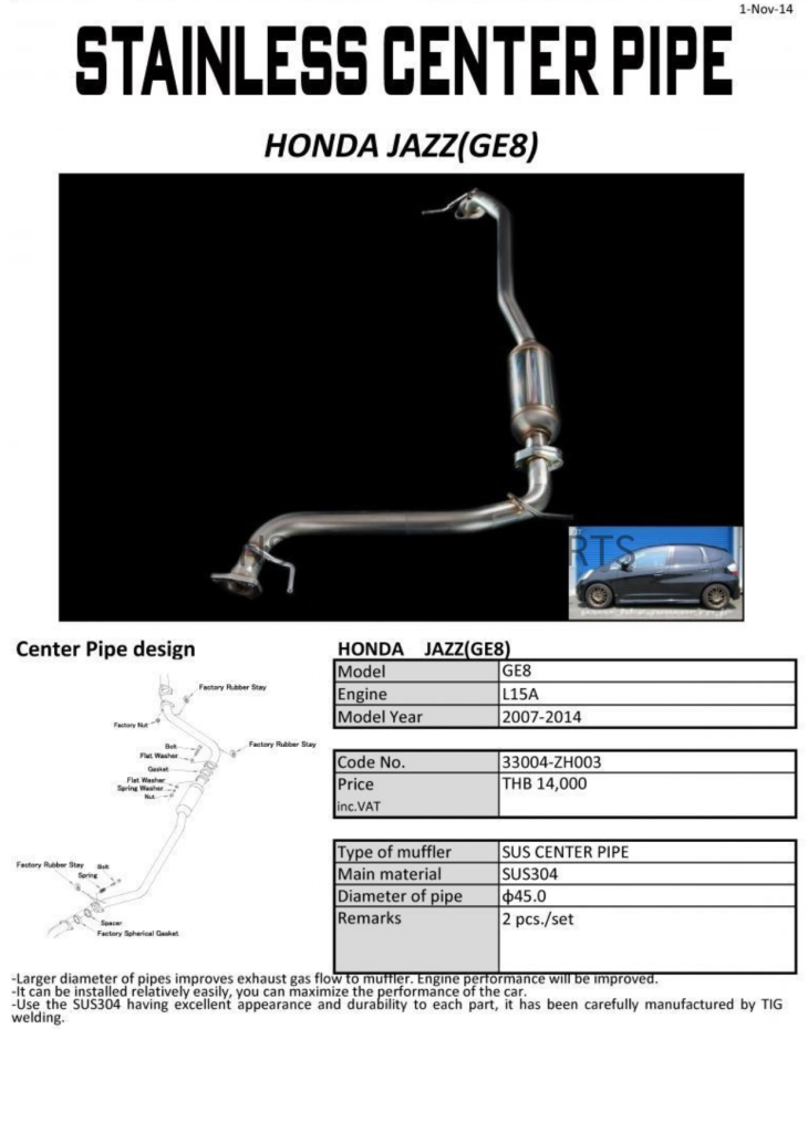 ชุดท่อ HKS Stainless Center Pipe Honda Jazz