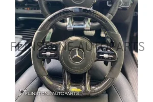 พวงมาลัย Benz ปี20 Carbon Fiber / Alcantara ด้ายสีขาว และสีเหลือง พร้อมจอ LED และ Paddle Shift