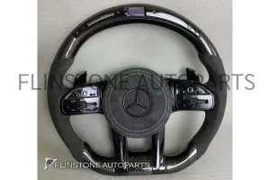 พวงมาลัย Benz ปี20 Carbon Fiber / Alcantara ด้ายสีขาว และสีเหลือง พร้อมจอ LED และ Paddle Shift