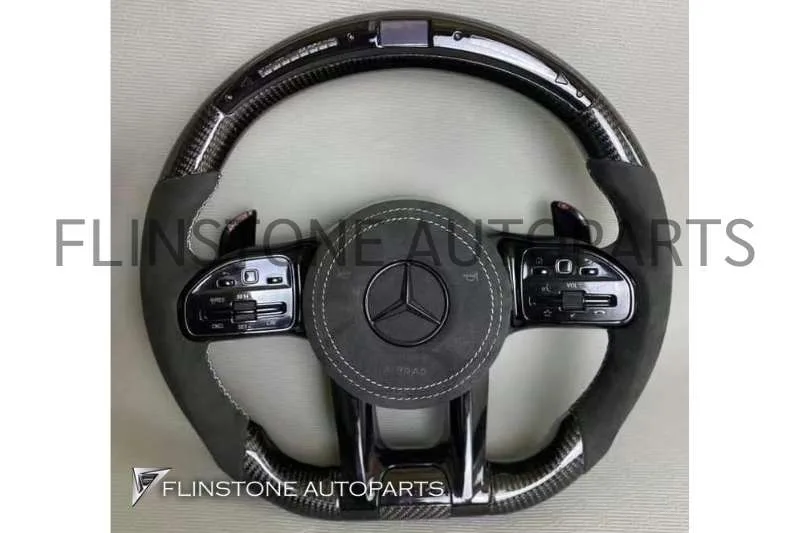 พวงมาลัย Benz ปี20 Carbon Fiber / Alcantara ด้ายสีขาว และสีเหลือง พร้อมจอ LED และ Paddle Shift