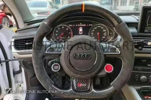 พวงมาลัย Audi Carbon Fiber / Alcanrata ด้ายสีขาว คาดธงชาติเยอรมัน พร้อมปุ่ม Drive unit
