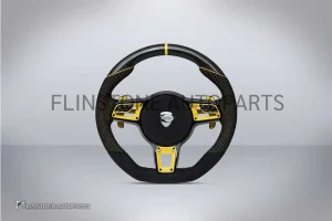 พวงมาลัย Techart สำหรับ Porsche หนัง Nappa สีเหลือง/Carbon Fiber เย็บด้ายเหลือง คาดสีเหลืองที่12นาฬิกา ปุ่มสีเหลือง Paddle Shift สีหลือง