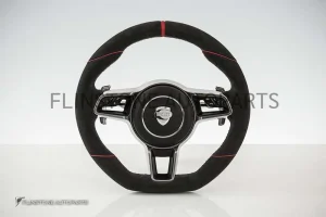 พวงมาลัย Techart สำหรับ Porsche หนัง Alcantara เย็บด้ายแดง คาดแดงที่12นาฬิกา ปุ่มสีดำ Paddle Shift สีโครเมี่ยม