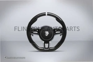 พวงมาลัย Techart สำหรับ Porsche หนัง Alcantara/Carbon Fiber เย็บด้ายดำ คาดขาวที่12นาฬิกา ปุ่มสีดำ Paddle Shift สีโครเมี่ยม