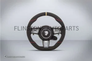 พวงมาลัย Techart สำหรับ Porsche หนัง Alcantara เย็บด้ายแดง คาดเหลืองที่12นาฬิกา ปุ่มสีโครเมี่ยม Paddle Shift สีโครเมี่ยม ปุ่ม Race Display ขวา