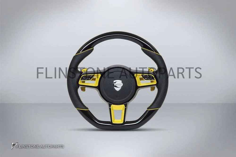 พวงมาลัย Techart สำหรับ Porsche หนัง Nappa/สีดำเงา เย็บด้ายเหลือง ปุ่มสีเหลือง Paddle Shift สีเหลือง