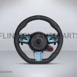 พวงมาลัย Techart สำหรับ Porsche หนัง Nappa เย็บด้ายฟ้า คาดฟ้าที่12นาฬิกา ปุ่มสีฟ้า Paddle Shift สีดำ ปุ่ม Race Display ขวา