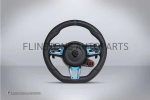 พวงมาลัย Techart สำหรับ Porsche หนัง Nappa เย็บด้ายฟ้า คาดฟ้าที่12นาฬิกา ปุ่มสีฟ้า Paddle Shift สีดำ ปุ่ม Race Display ขวา