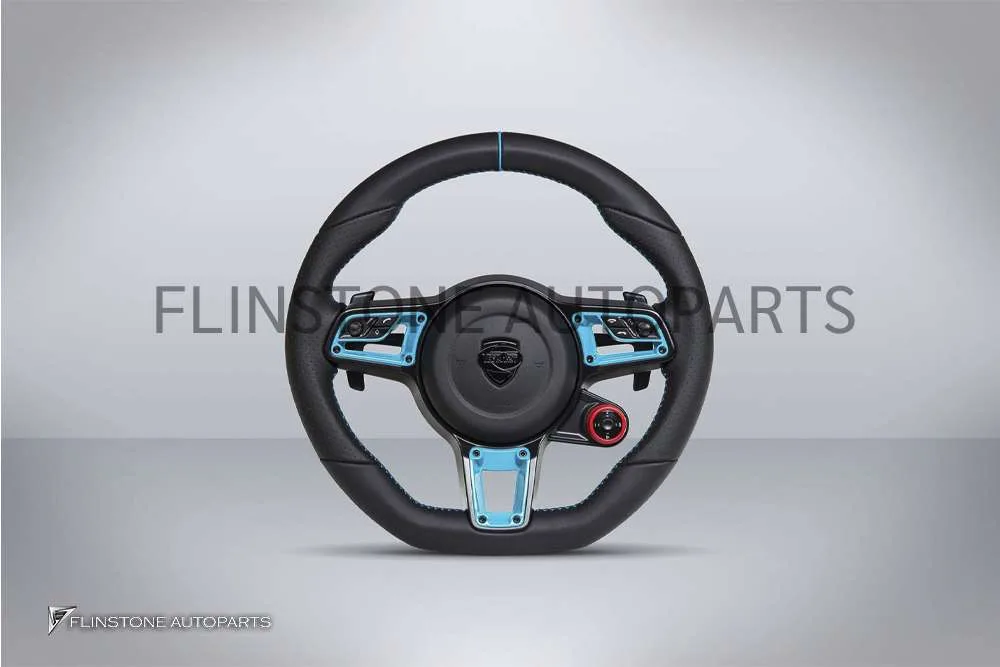 พวงมาลัย Techart สำหรับ Porsche หนัง Nappa เย็บด้ายฟ้า คาดฟ้าที่12นาฬิกา ปุ่มสีฟ้า Paddle Shift สีดำ ปุ่ม Race Display ขวา