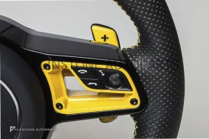 พวงมาลัย Techart สำหรับ Porsche หนัง Nappa เย็บด้ายเขียว คาดเขียวที่12นาฬิกา ปุ่มสีเขียว Paddle Shift สีเขียว ปุ่ม Race Display ขวา