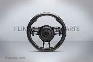 พวงมาลัย Techart สำหรับ Porsche หนัง Nappa/Carbon Fiber เย็บด้ายดำ ปุ่มสีโครเมี่ยม Paddle Shift สีดำ