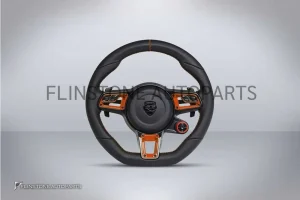 พวงมาลัย Techart สำหรับ Porsche หนัง Nappa เย็บด้ายส้ม คาดส้มที่12นาฬิกา ปุ่มสีส้ม Paddle Shift สีดำ ปุ่ม Race Display ขวา