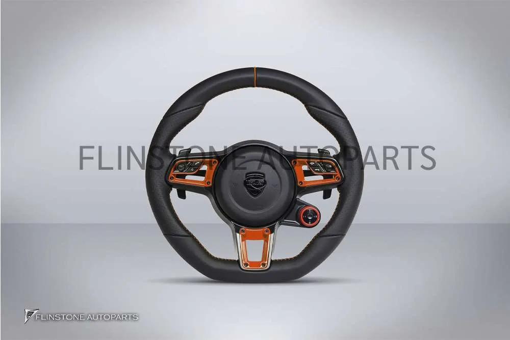 พวงมาลัย Techart สำหรับ Porsche หนัง Nappa เย็บด้ายส้ม คาดส้มที่12นาฬิกา ปุ่มสีส้ม Paddle Shift สีดำ ปุ่ม Race Display ขวา