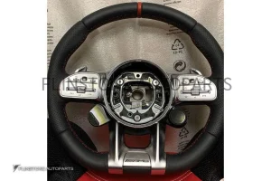 พวงมาลัยสีดำ หนัง Nappa เย็บด้ายแดง คาดสีแดงที่12นาฬิกา ก้าน AMG ปุ่ม Race Display ซ้าย/ขวา