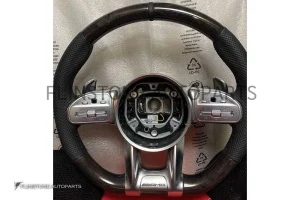 พวงมาลัยสีดำ หนัง Nappa/ลายไม้ เย็บด้ายดำ คาดสีดำที่12นาฬิกา ก้าน AMG