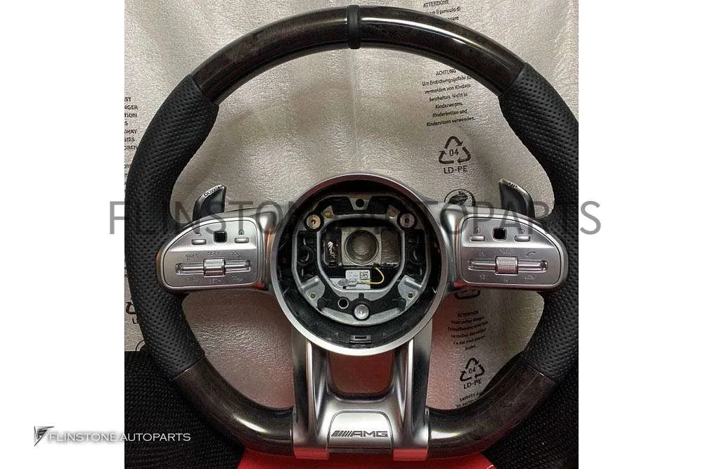 พวงมาลัยสีดำ หนัง Nappa/ลายไม้ เย็บด้ายดำ คาดสีดำที่12นาฬิกา ก้าน AMG