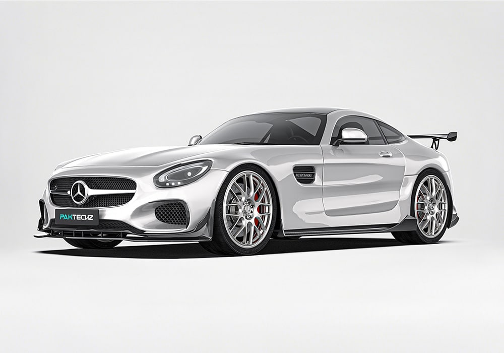 A frontal image showcasing the AMG GT/GTS C190’s aggressive look with the front lip, side skirts, rear diffuser, and spoiler installed, blending seamlessly into the car’s bold design