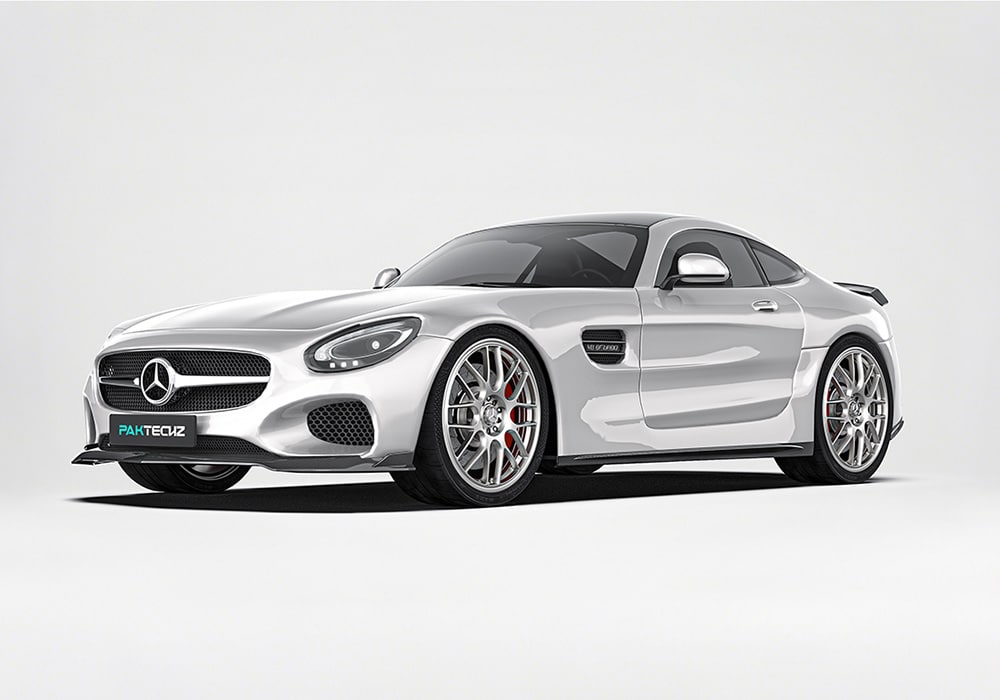 A frontal image showcasing the AMG GT/GTS C190’s aggressive look with the front lip, side skirts, rear diffuser, and spoiler installed, blending seamlessly into the car’s bold design