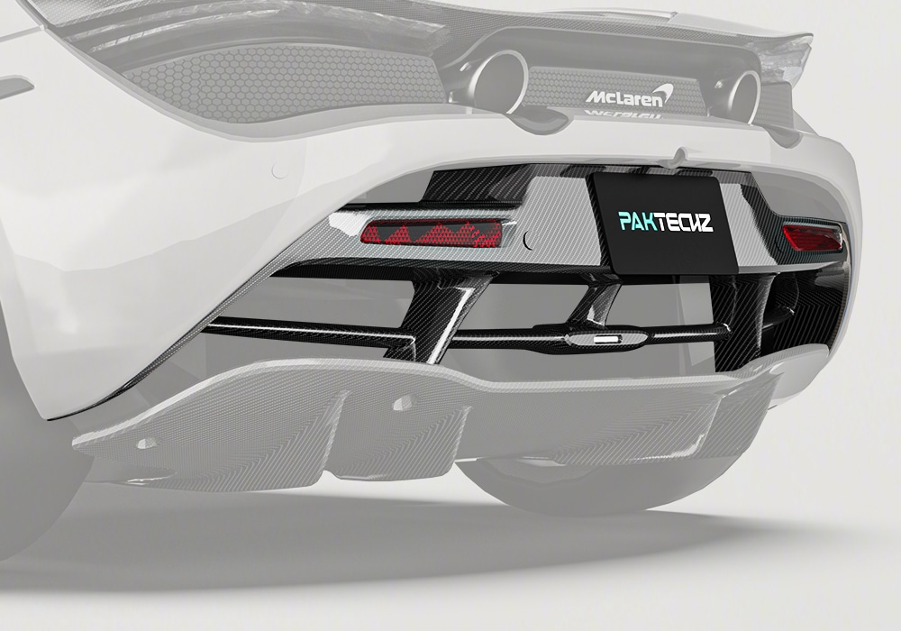 Complete rear view of McLaren 720S with an installed Carbon Fiber Rear Bumper Midsection