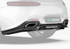 A stunning rear view showcasing the Carbon Fiber Rear Diffuser, seamlessly integrated into the AMG GT/GTS C190’s rear bumper, emphasizing its aerodynamic fins