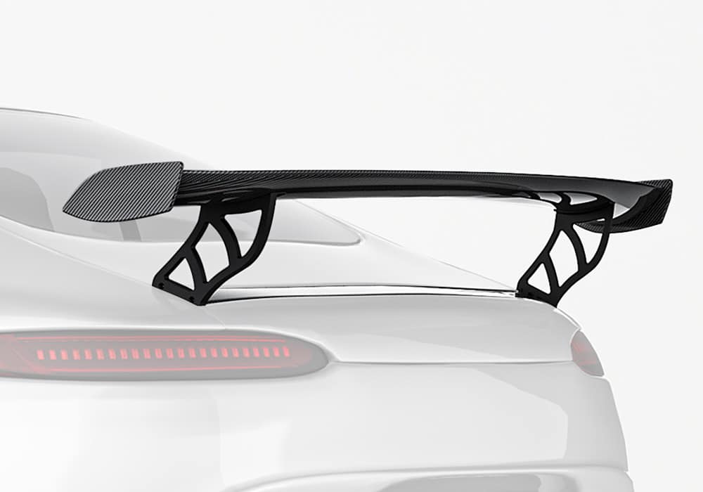 A wide-angle rear image showcasing the Carbon Fiber Rear Spoiler, highlighting its sleek aerodynamic design and perfect fit with the AMG GT/GTS C190 body