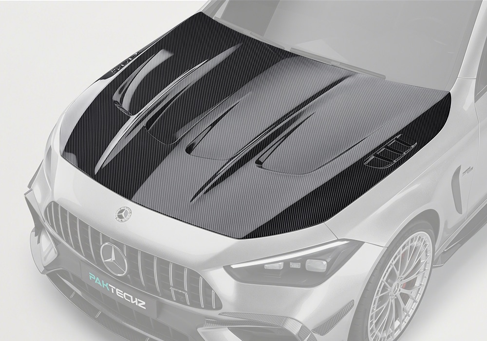 The Benz AMG CLE53 equipped with an ultra-lightweight carbon fiber hood that enhances both performance and aggressive style