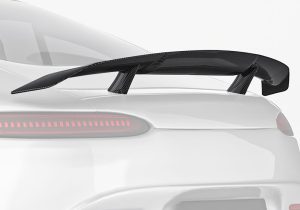 A wide-angle rear image showcasing the Carbon Fiber Rear Spoiler, highlighting its sleek aerodynamic design and perfect fit with the AMG GT/GTS C190 body