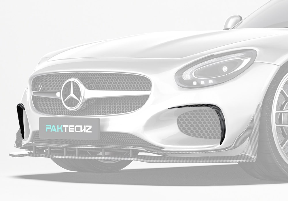 A detailed, high-resolution shot emphasizing the Carbon Fiber Front Canards' seamless integration into the AMG GT/GTS C190’s front bumper and their elegant high-gloss finish