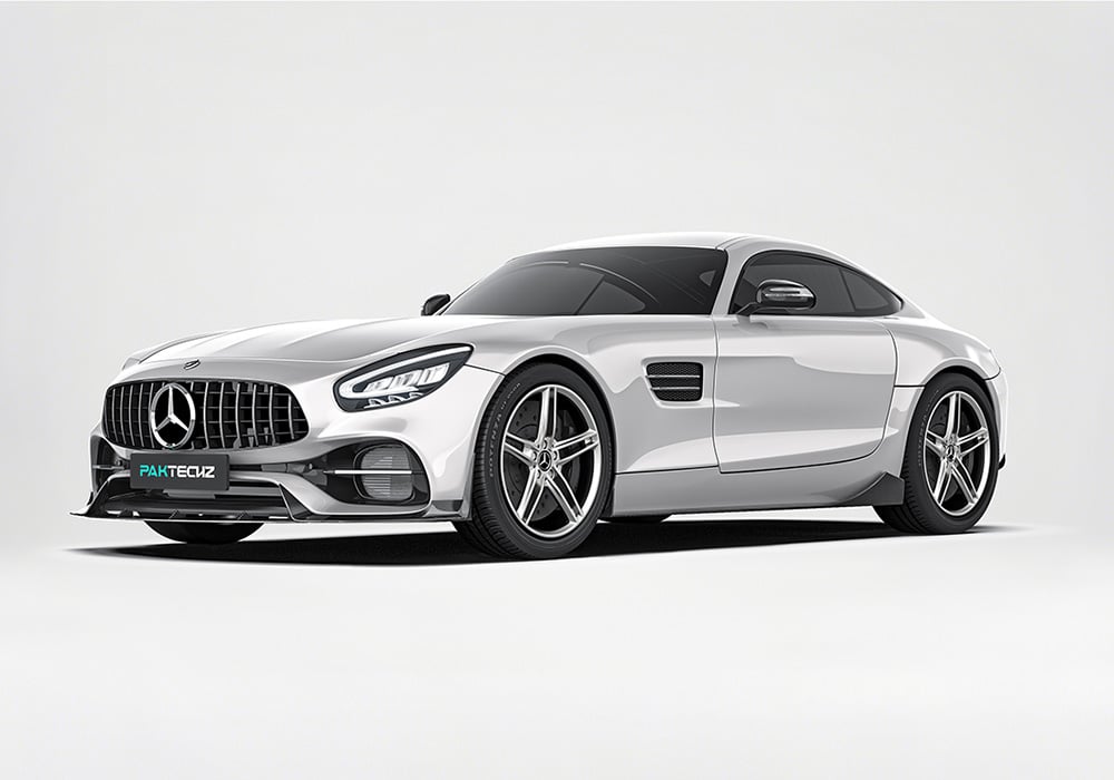 A frontal image showcasing the AMG GT/GTS C190’s aggressive look with the front lip, side skirts, rear diffuser, and spoiler installed, blending seamlessly into the car’s bold design