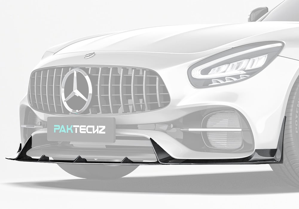A dynamic front-end profile of the Mercedes-AMG GT showcasing the seamless integration of the carbon fiber front lip for aggressive styling and aerodynamics