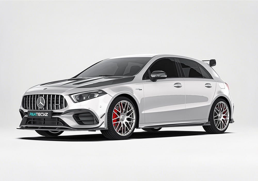 A complete frontal image of the A-Class W177, emphasizing the Carbon Fiber Front Splitter for bold styling and improved front-end downforce