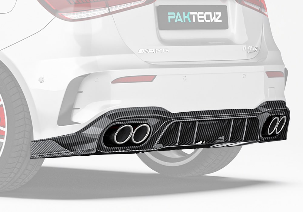 A captivating rear shot showcasing the Carbon Fiber Rear Diffuser fitted seamlessly, adding aggressive styling to the Mercedes-Benz A-Class W177 rear bumper