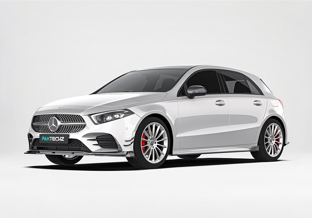 A stunning full body shot of the Mercedes Benz A35 W177 showcasing the installed Carbon Fiber Aero kit for front splitter, side skirts, rear diffuser, and spoiler
