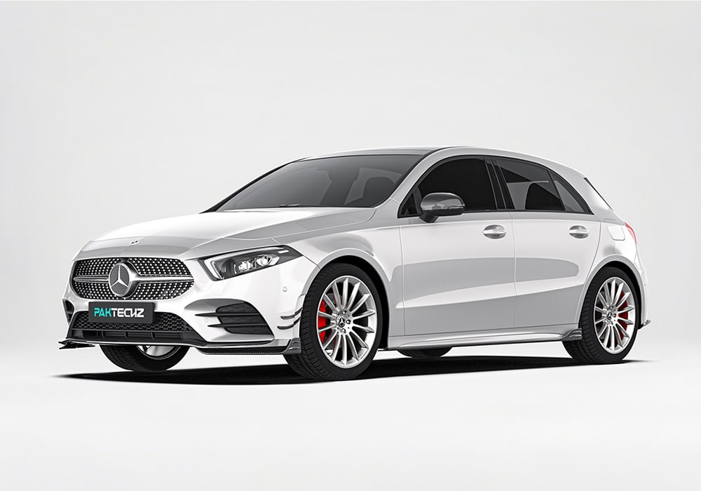 A stunning full body shot of the Mercedes Benz A35 W177 showcasing the installed Carbon Fiber Aero kit for front splitter, side skirts, rear diffuser, and spoiler
