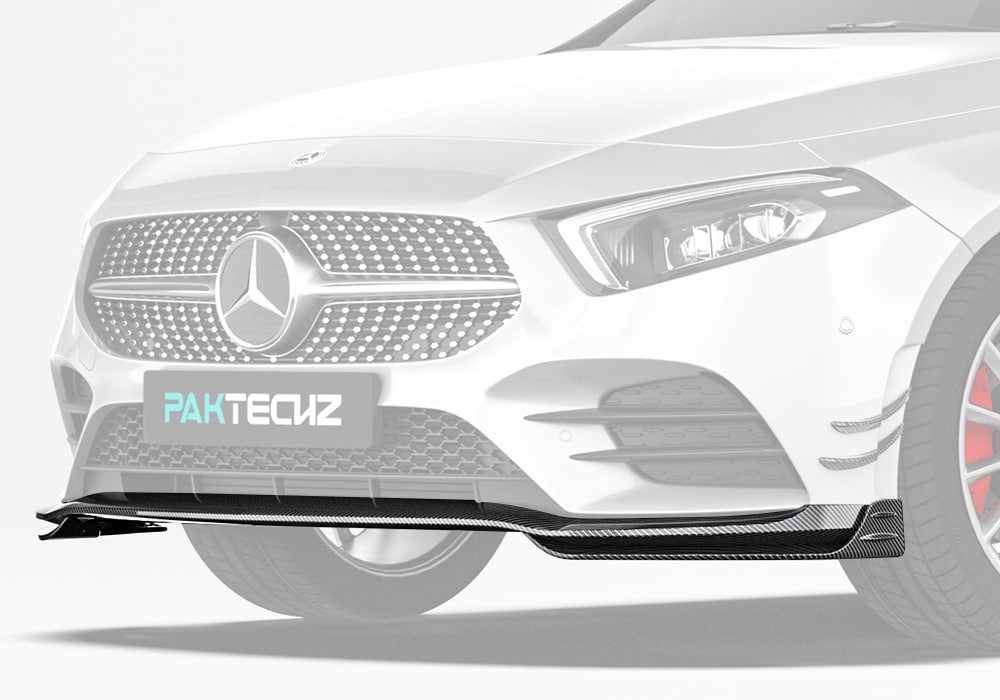 A striking full-front capture of the Mercedes Benz A35 W177, showcasing the aggressive addition of the Carbon Fiber Front Lip