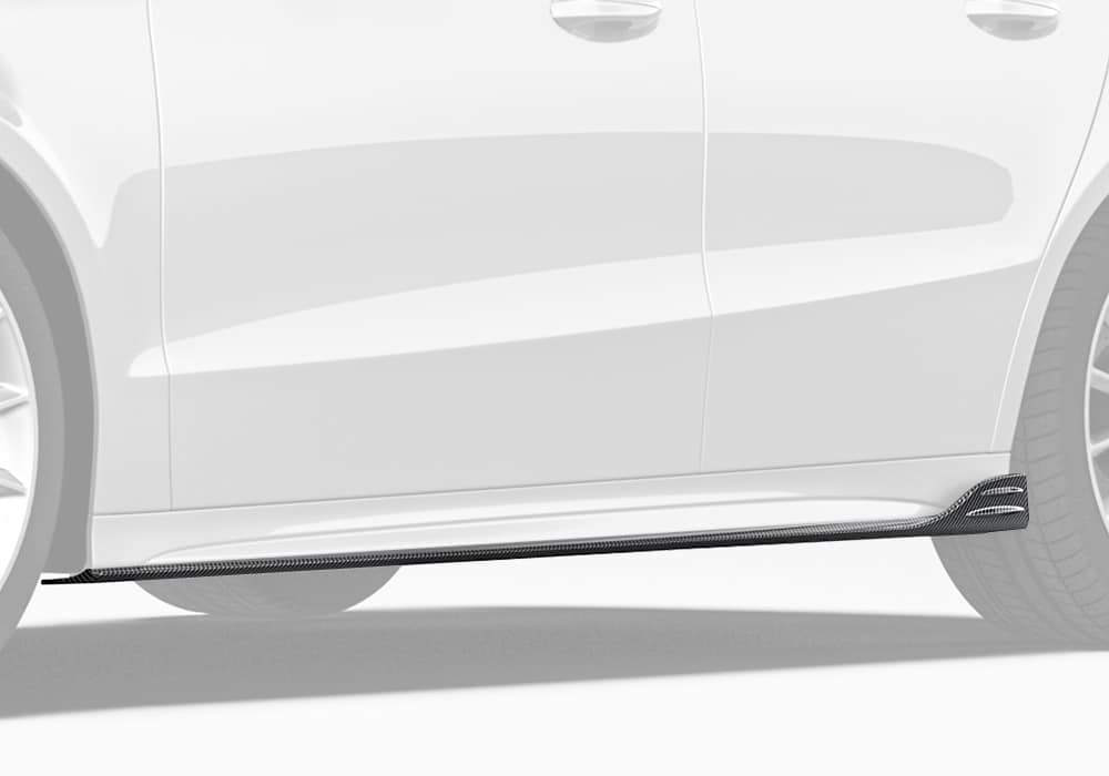 A full-side profile shot of the Mercedes Benz A35 AMG, showcasing the sleek and race-inspired integration of the Carbon Fiber Side Skirts with the factory body lines