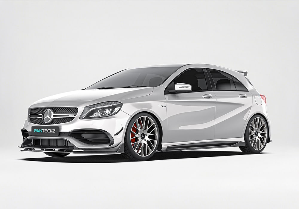 A full-side perspective of the Mercedes Benz A-Class (W176) displaying the streamlined design of the carbon fiber side skirts seamlessly integrated into the body
