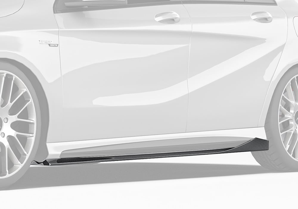 A full-side profile shot showcasing the sleek integration of the carbon fiber side skirts into the A-Class W176 factory body, highlighting improved styling and bold contours