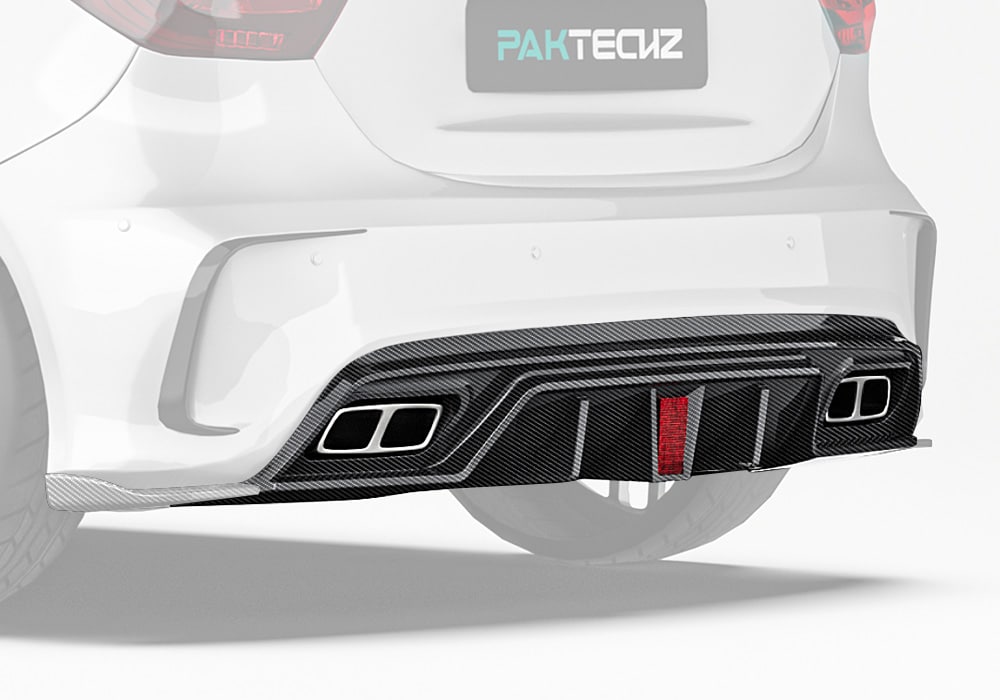 A rear-angle image of the Mercedes Benz A-Class W176 highlighting the sleek and eye-catching Carbon Fiber Rear Diffuser