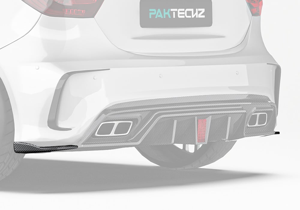 A view of the Mercedes Benz A-Class W176’s rear side profile, emphasizing the bold and dynamic design of the Carbon Fiber Rear Side Splitters