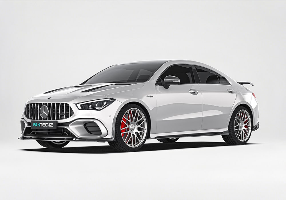A side profile image of the Mercedes Benz CLA-Class W118 showcasing all components: carbon fiber side skirts, rear spoiler, rear diffuser, and front splitter, with sleek and aggressive contours