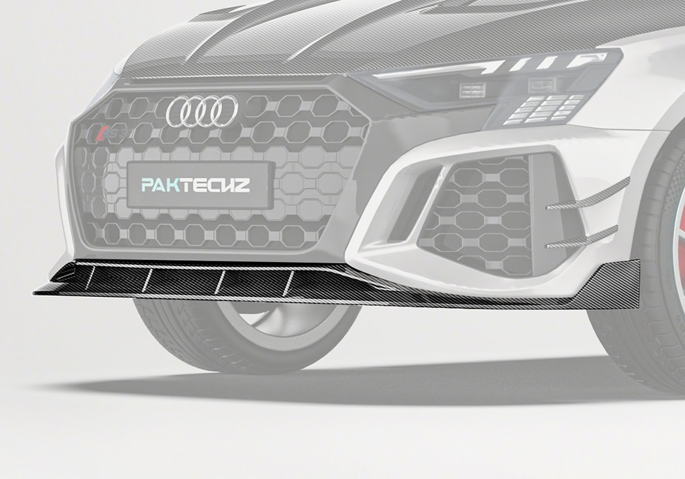 Audi RS3 8Y featuring the carbon fiber front lip seamlessly integrated, improving aerodynamics and adding a sporty profile