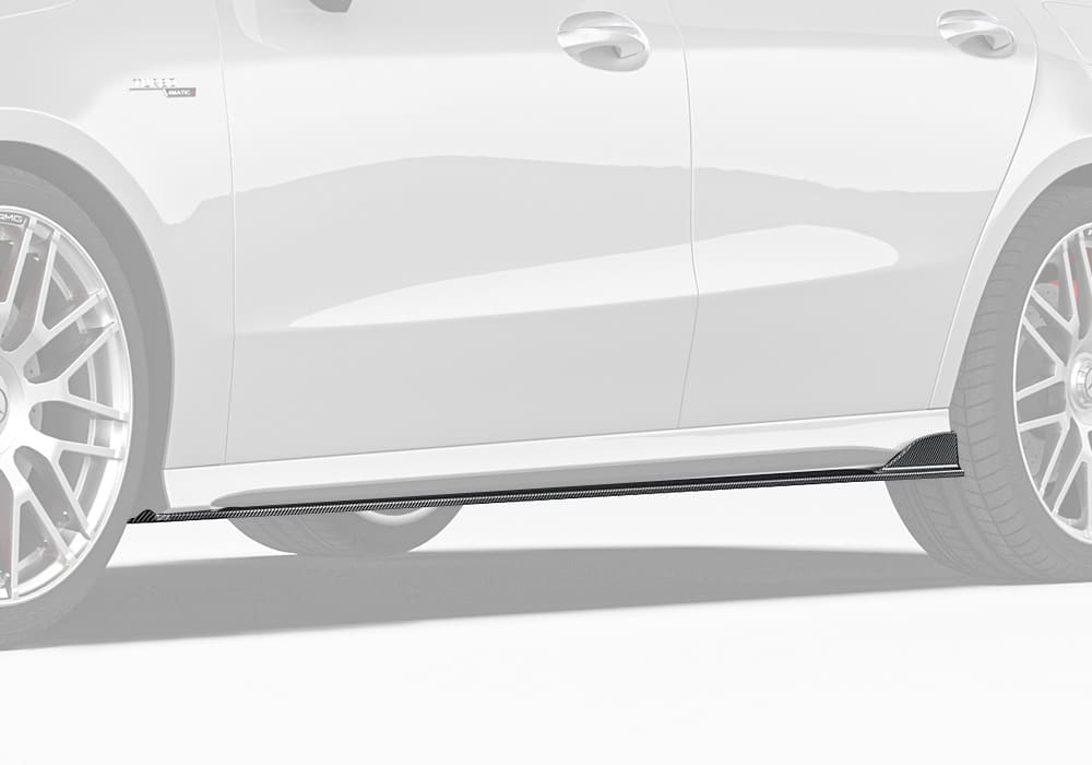 A full side-angle shot of the Mercedes Benz CLA-Class W118, emphasizing how the Carbon Fiber Side Skirts complement the car’s sleek and aggressive exterior design