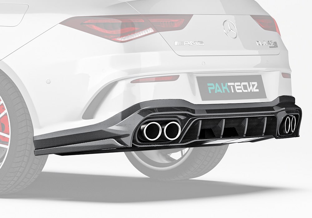A complete rear-angle shot highlighting the Carbon Fiber Rear Diffuser, emphasizing its sharp lines and aggressive aesthetic impact on the Mercedes Benz CLA-Class W118