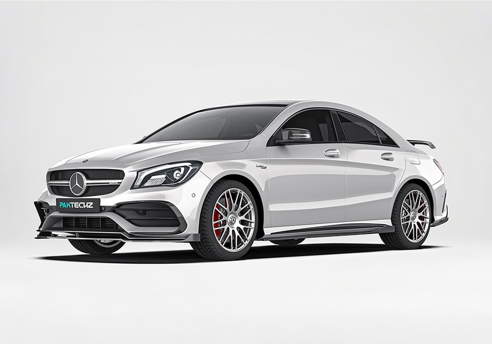 A complete body shot of the Mercedes Benz CLA-Class W117, fully equipped with the aerodynamics kit, highlighting the seamless integration of the front lip, side skirts, rear diffuser, and rear spoiler