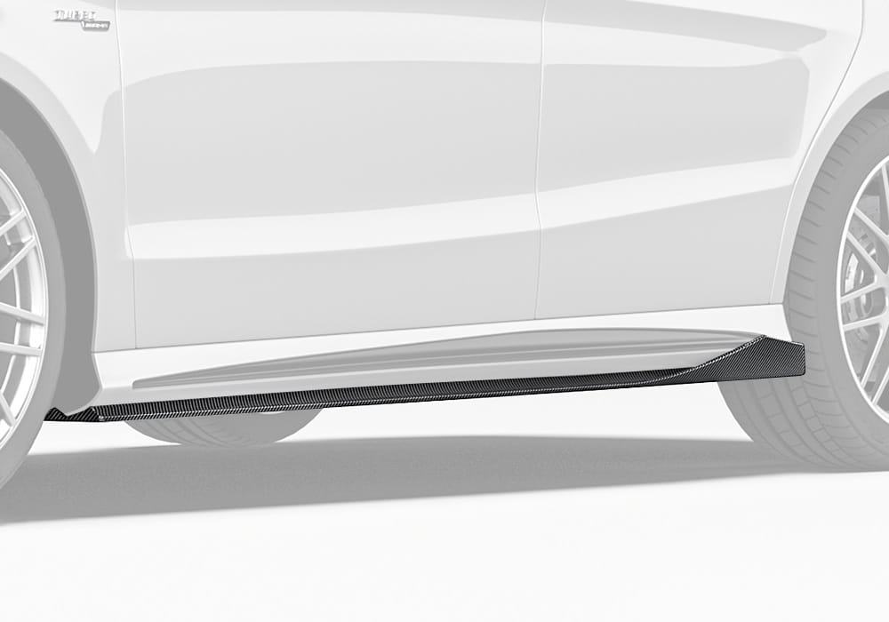 A wide-angle shot showcasing the Mercedes Benz CLA-Class W117 with Carbon Fiber Side Skirts, highlighting the aggressive and streamlined side profile