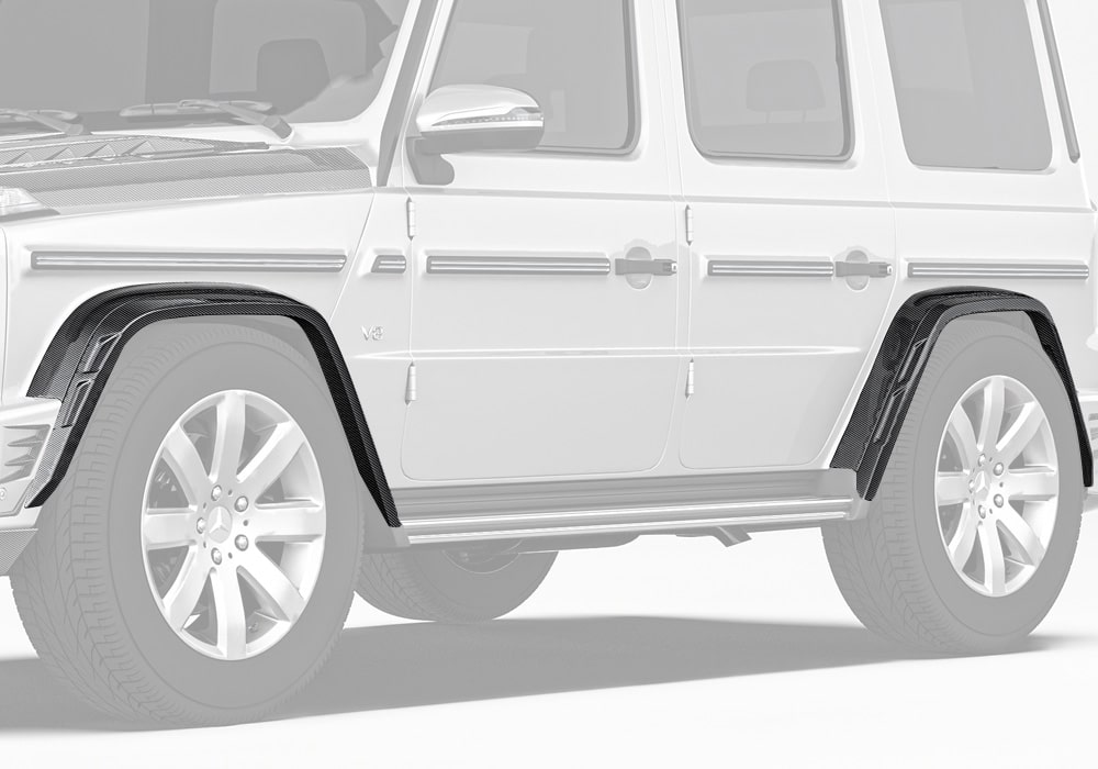 Full side view of a Mercedes-Benz G-Class W464 equipped with Carbon Fiber Wheel Arches, showcasing the wider stance and aggressive off-road look