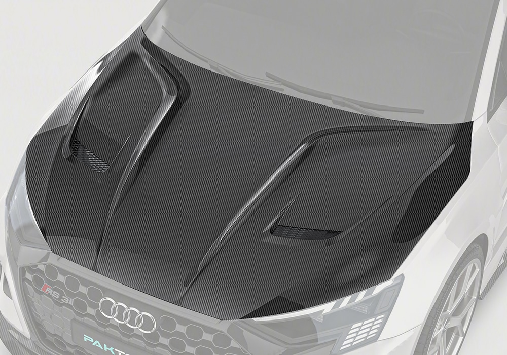 Audi RS3 (8Y) with carbon fiber hood installed, delivering bold styling and race-ready aerodynamics while maintaining factory-fit contours