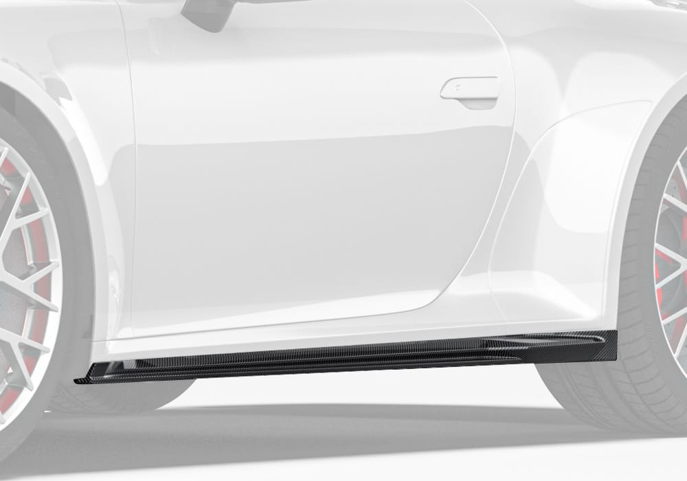 A full-length photo showcasing the Porsche 911 992.2 with stylish Carbon Fiber Side Skirts, blending the bold aerodynamic design seamlessly with the car's contours