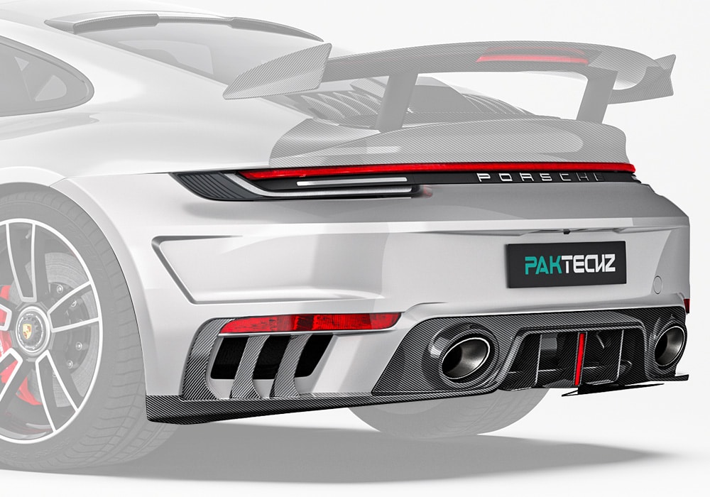 A clean rear view showcasing the Carbon Fiber Rear Bumper With Rear Diffuser installed on the Porsche 992 Turbo S, emphasizing its aggressive styling and aerodynamic integration
